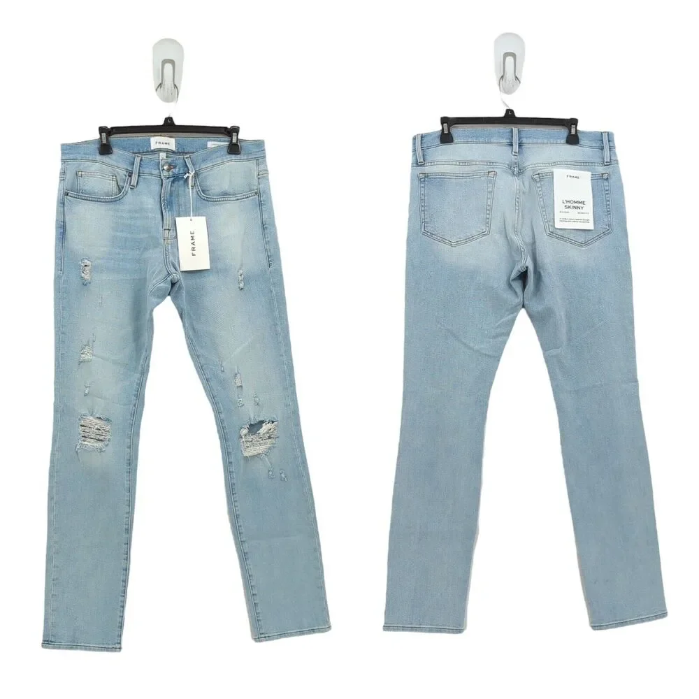 FRAME Men 32 L'Homme Jeans Tubman Blue Skinny Denim Distressed Whisker Mid Rise